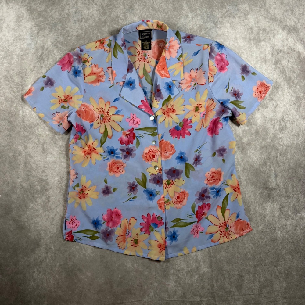 Vintage Cottagecore Blue Floral Short Sleeve Button Down Shirt Blouse Womens 12